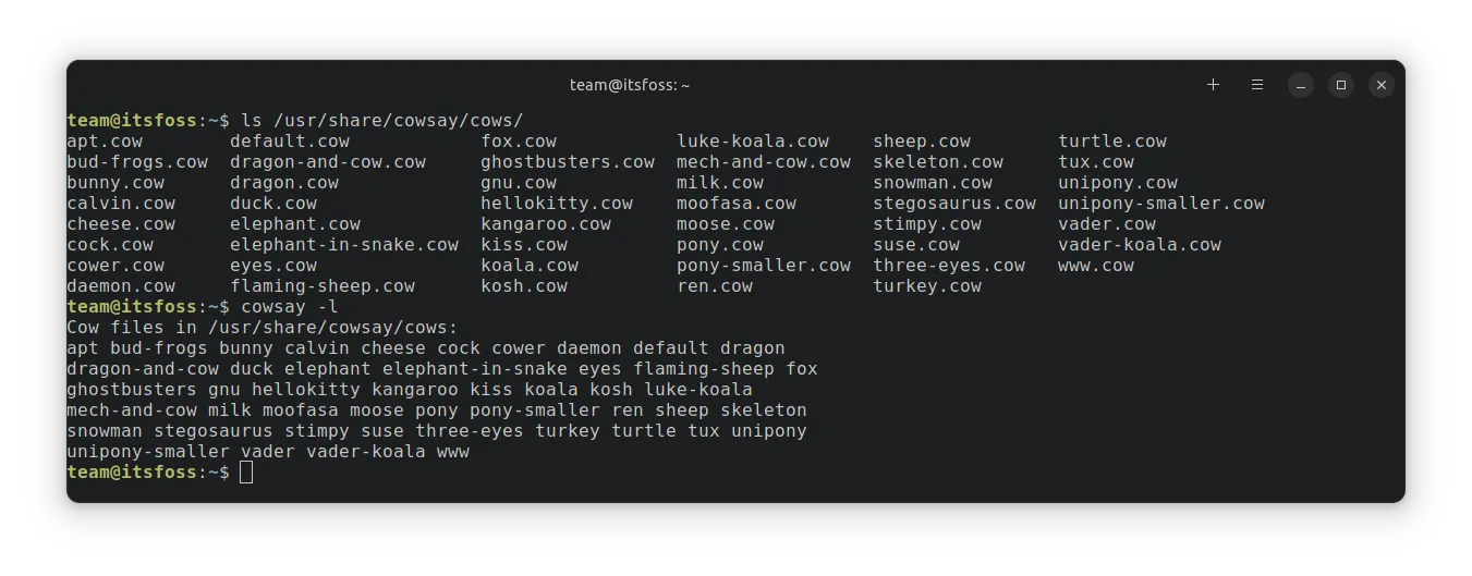 使用 "ls /usr/share/cowsay/cows/" 和 "cowsay -l" 列出的各种默认 cowsay 图像