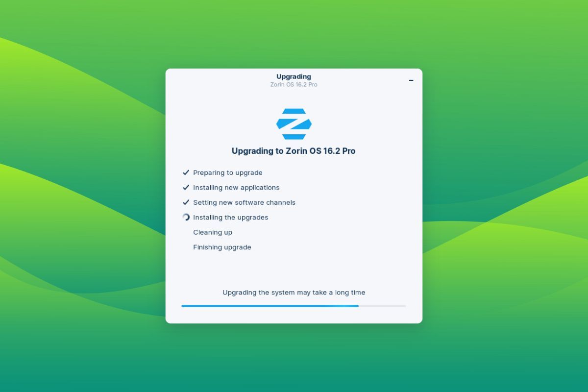 a screenshot of the zorin os updater's upgrade progress screen