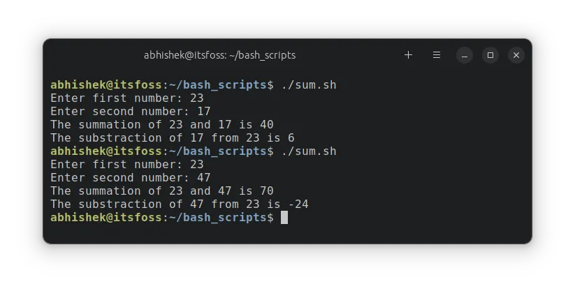 Example of addition and subtraction in Bash shell script