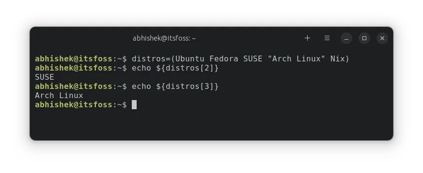 Example of accessing array elements in bash shell