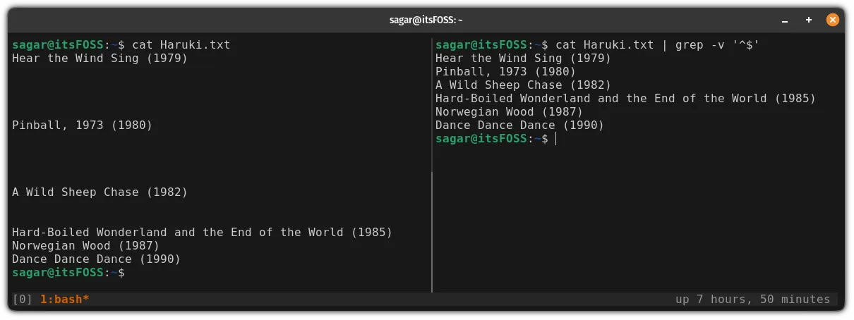 remove all the blank lines in text files using the cat command piped with grep regular expression