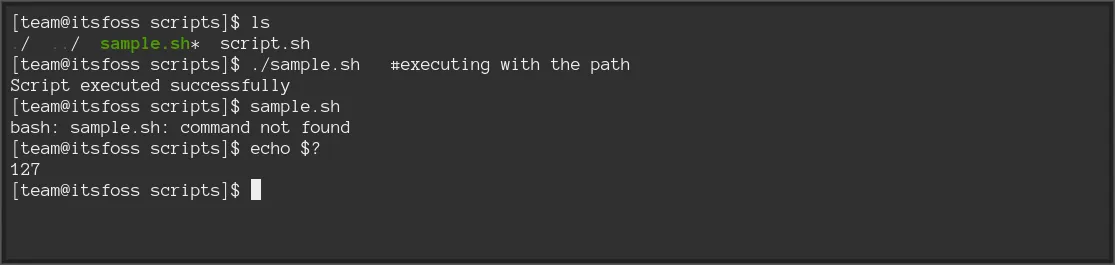 Script executed without the path gives "command not found" or code 127