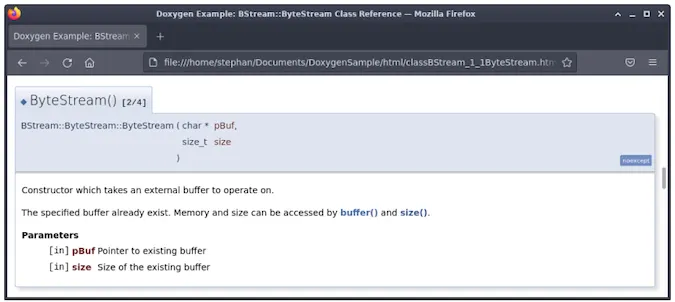 Screenshot of the Doxygen example showing the parameters under ByteStream