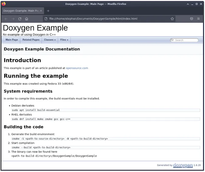 The Doxygen Example Documentation field now contains headings and documentation: Introduction, Running the example, System requirements, and Building the code, with step by step examples and code snippets (all can be found in the example on GitHub)