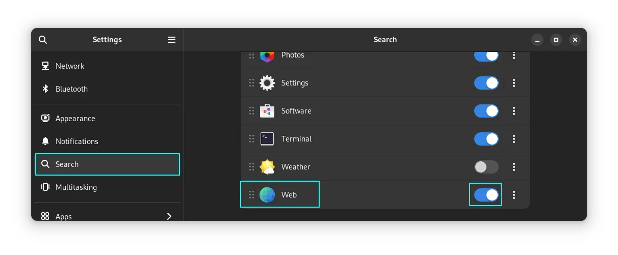 搜索设置中的 GNOME Web