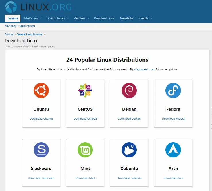 Screenshot of the list of distributions on Linux.org
