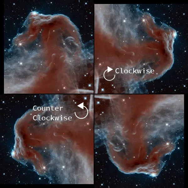 旋转示例：原始（左上角），顺时针旋转90°（右上角），逆时针旋转90°（左下角），180°（右下角）。 
