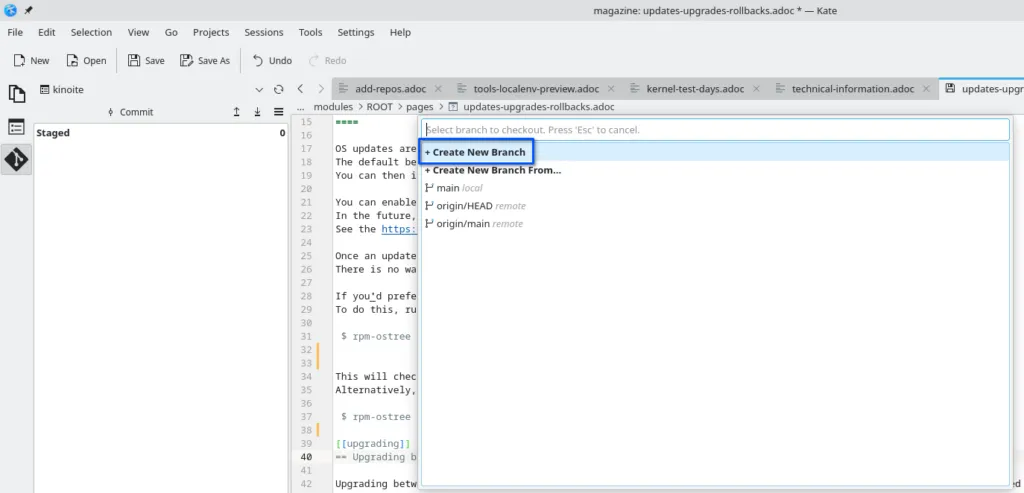 Popup menu showing Create New branch